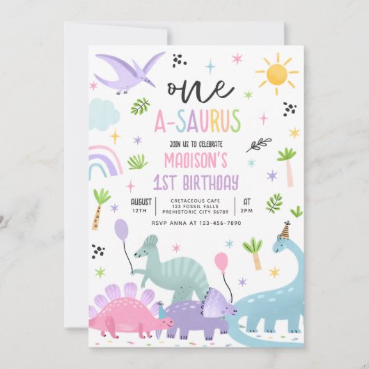 Dinosaurus One-A-Saurs Roze T-Rex 1e verjaardagsfe Kaart (Voorkant)