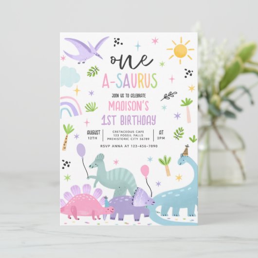 Dinosaurus One-A-Saurs Roze T-Rex 1e verjaardagsfe Kaart (Staand voorkant)