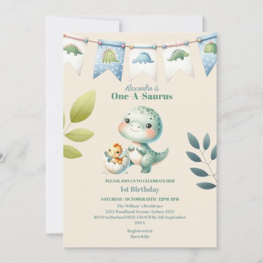 Dinosaurus One-a-Saurus 1e verjaardag Kaart (Voorkant)