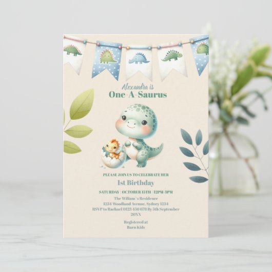 Dinosaurus One-a-Saurus 1e verjaardag Kaart (Staand voorkant)