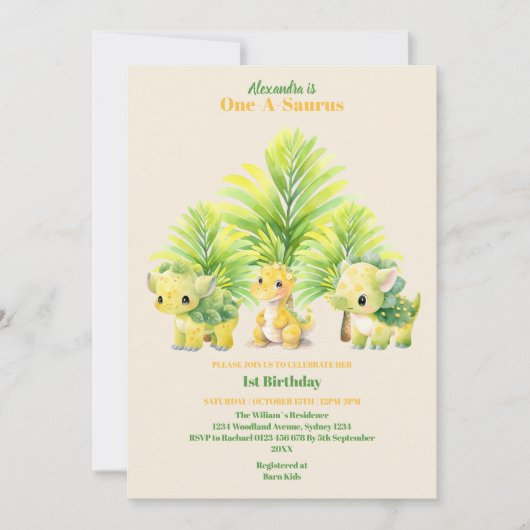 Dinosaurus One-a-Saurus 1e verjaardag Kaart (Voorkant)