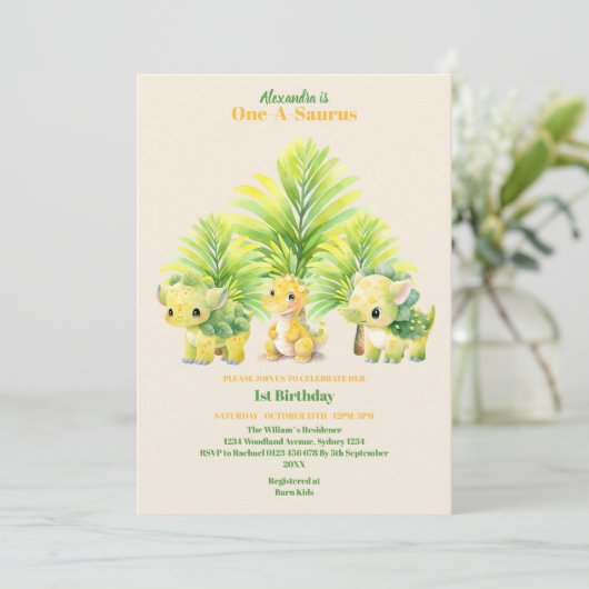 Dinosaurus One-a-Saurus 1e verjaardag Kaart (Staand voorkant)