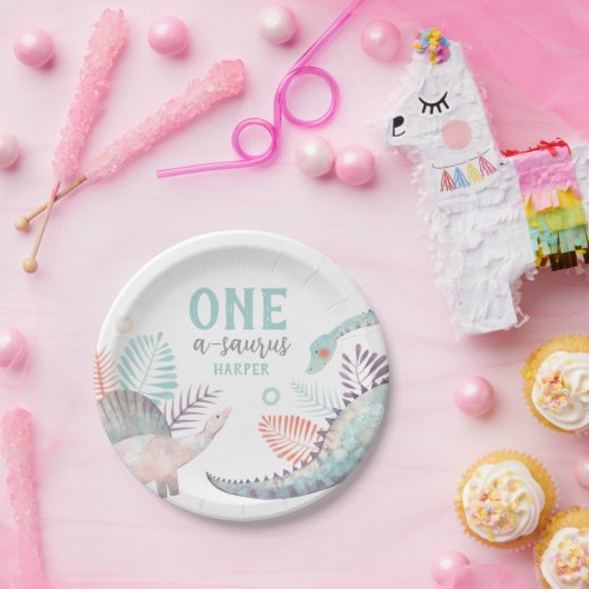 Dinosaurus One-A-Saurus 1e verjaardag Papieren Bordje (Feest)