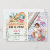 Dinosaurus One-A-Saurus 1e Verjaardagsfeestfoto Kaart (Voorkant)