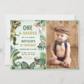 Dinosaurus One-A-Saurus 1e Verjaardagsfeestfoto Kaart (Voorkant)