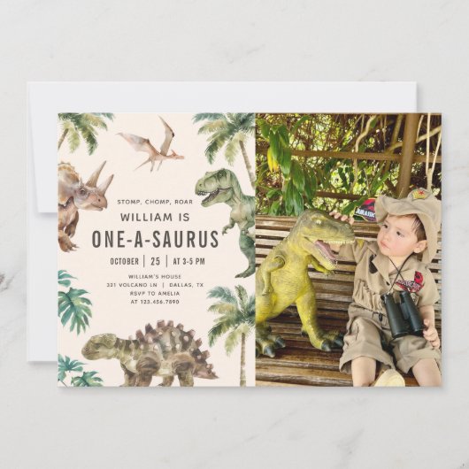 Dinosaurus One-A-Saurus 1e Verjaardagsfeestfoto Kaart (Voorkant)