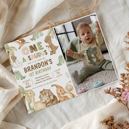 Dinosaurus One-A-Saurus 1e Verjaardagsfeestfoto Kaart