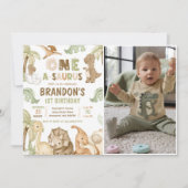 Dinosaurus One-A-Saurus 1e Verjaardagsfeestfoto Kaart (Voorkant)