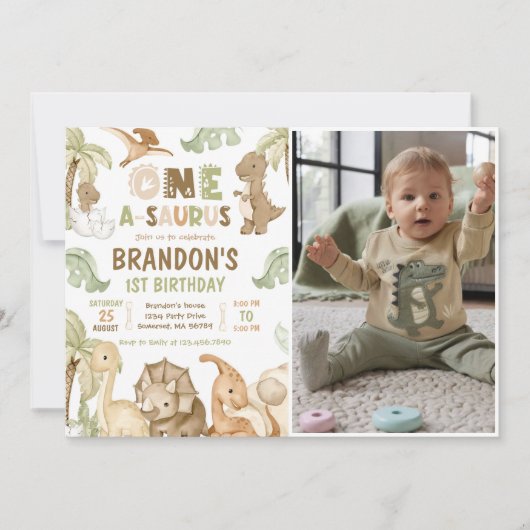 Dinosaurus One-A-Saurus 1e Verjaardagsfeestfoto Kaart (Voorkant)
