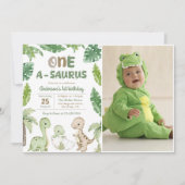 Dinosaurus One-A-Saurus 1e Verjaardagsfeestfoto Kaart (Voorkant)