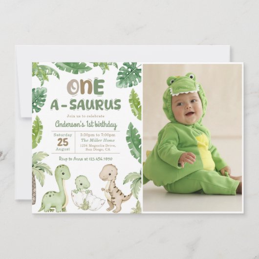 Dinosaurus One-A-Saurus 1e Verjaardagsfeestfoto Kaart (Voorkant)