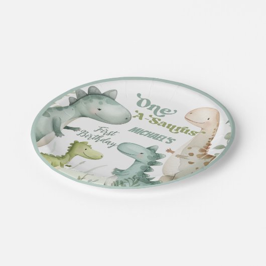 Dinosaurus One-A-Saurus Jongen 1e Verjaardagsfeest Papieren Bordje (Gekanteld)