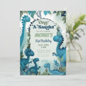 Dinosaurus One-A-Saurus Jongen Blauw 1e Verjaardag Kaart (Staand voorkant)
