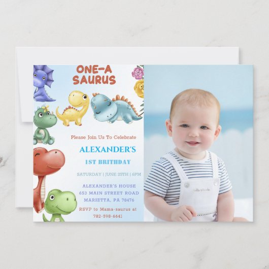 Dinosaurus One-A-Saurus Verjaardagsfeest Kaart (Voorkant)