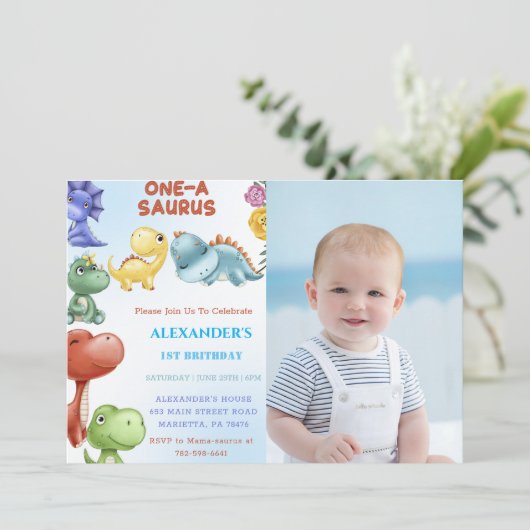 Dinosaurus One-A-Saurus Verjaardagsfeest Kaart (Staand voorkant)