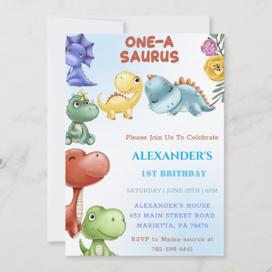 Dinosaurus One-A-Saurus Verjaardagsfeest Kaart (Voorkant)