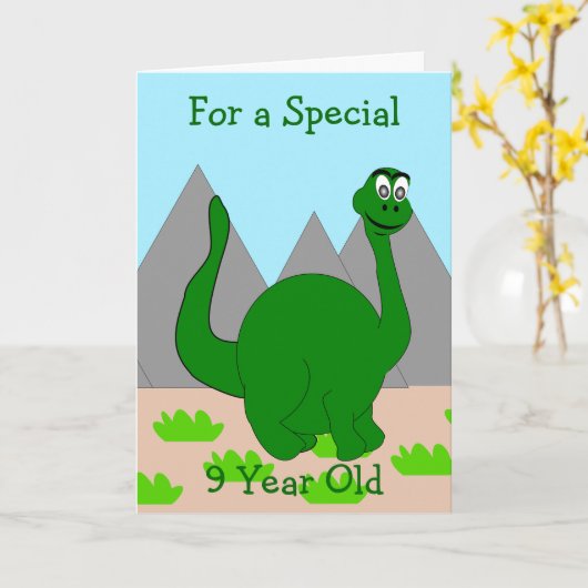Dinosaurus ontwerp gepersonaliseerd 9 jaar oude ve kaart (Gele Bloem)