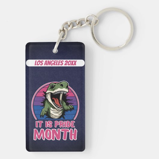 Dinosaurus op biseksuele vlag kleuren achtergrond sleutelhanger (achterkant)