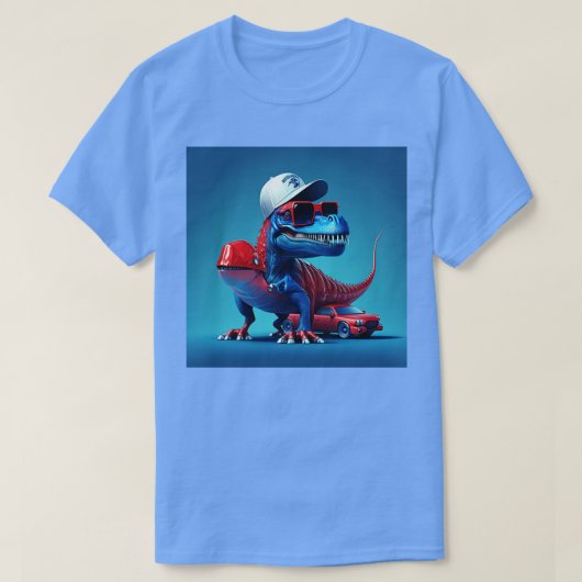 dinosaurus op een rode sportwagen t-shirt (Design voorkant)