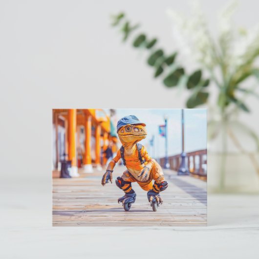Dinosaurus op inline Schaatsen Feestdagenkaart (Staand voorkant)
