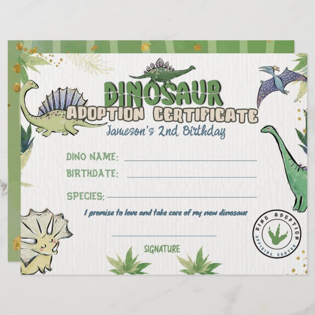 Dinosaurus Party Thema, Dino Adoption Certificaat (Voorkant / Achterkant)