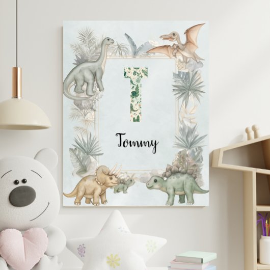Dinosaurus Persoonlijke Naam Monogram T Kinderkame Poster