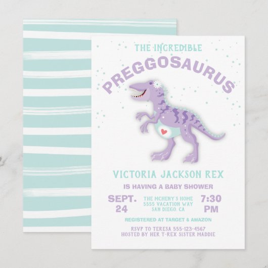Dinosaurus Preggosaurus Baby Shower Jongens Uitnod Kaart (Voorkant / Achterkant)