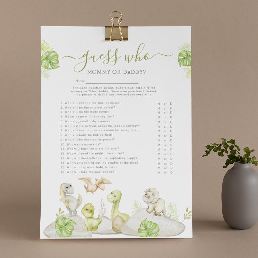 Dinosaurus 'Raad Wie' Baby Shower Spel Flyer