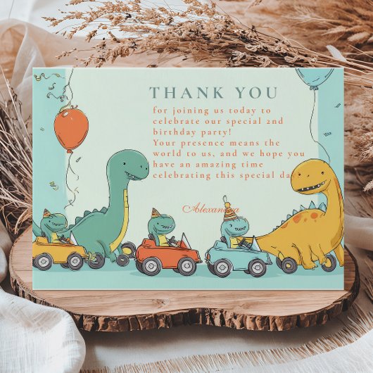 Dinosaurus raceauto 2e verjaardag bedankkaart
