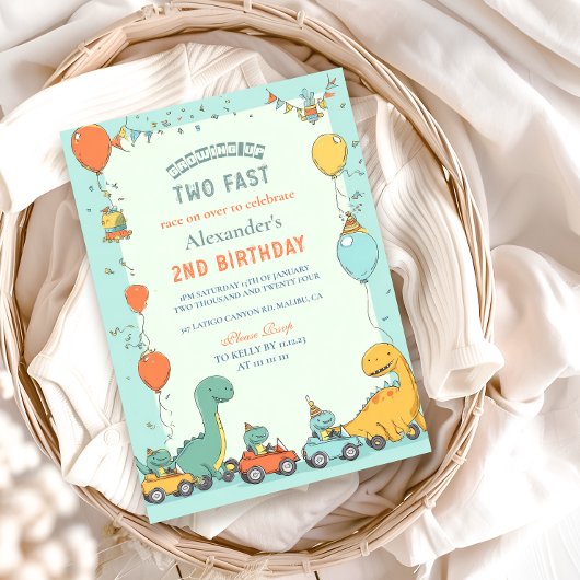 Dinosaurus raceauto 2e verjaardag kaart