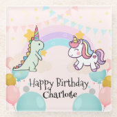 Dinosaurus Rainbow Eenhoorn gradiënt verjaardagsfe Glazen Onderzetter (Voorkant)