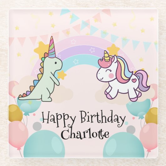 Dinosaurus Rainbow Eenhoorn gradiënt verjaardagsfe Glazen Onderzetter (Voorkant)