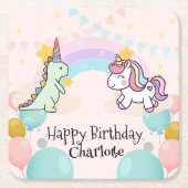 Dinosaurus Rainbow Eenhoorn gradiënt verjaardagsfe Kartonnen Onderzetters (Voorkant)