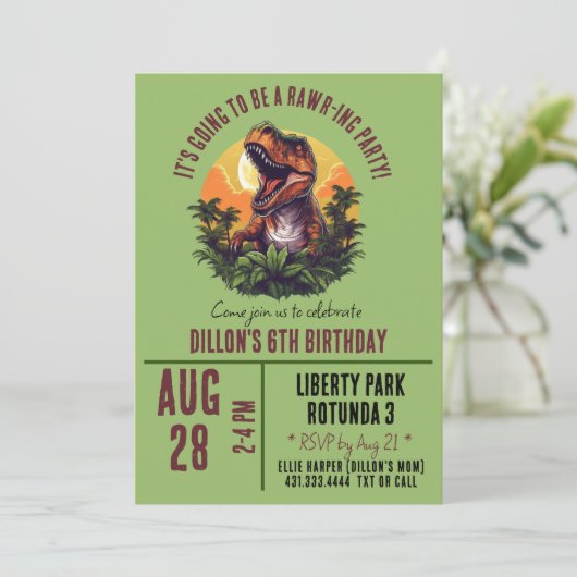 Dinosaurus rauw verjaardag kaart (Staand voorkant)