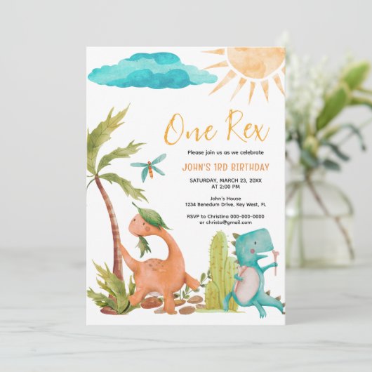 Dinosaurus Rex Een Uitnodiging Verjaardagsfeestje (Staand voorkant)