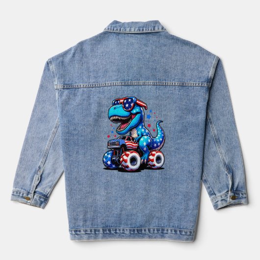 Dinosaurus Riding American Flag Truck 4 juli Denim Jacket (Achterkant)