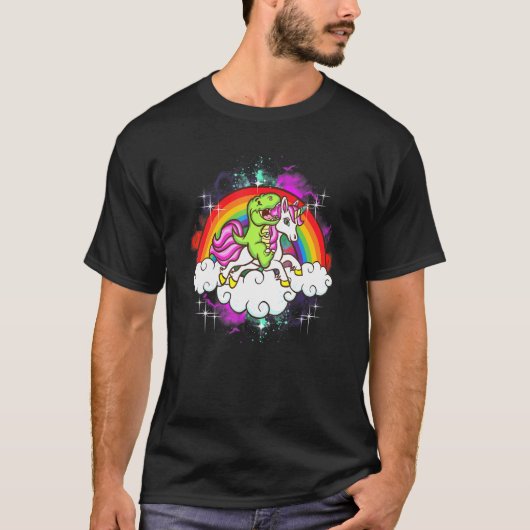 Dinosaurus Riding Unicorn Rainbow Clouds Schattige T-shirt (Voorkant)