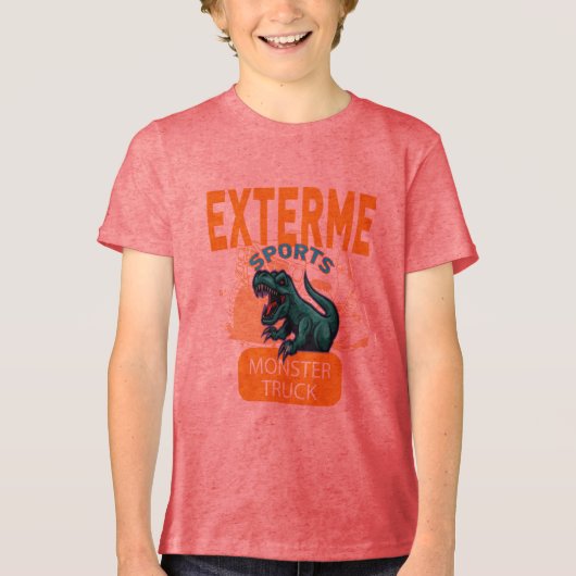 Dinosaurus rijdend in de achterste monstertruck op Tri-Blend shirt (Voorkant)