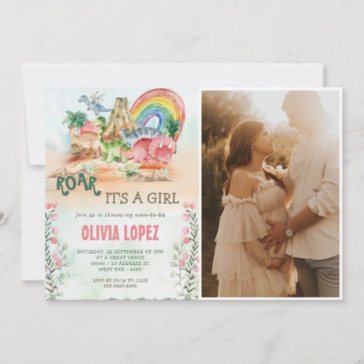 Dinosaurus Roar Baby shower Meisje Party Foto Kaart (Voorkant)