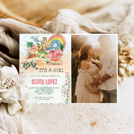 Dinosaurus Roar Baby shower Meisje Party Foto Kaart