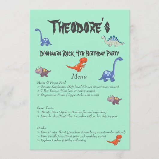 Dinosaurus Rock Verjaardagsfeest Menu (Voorkant)
