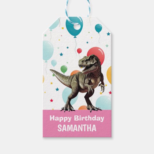Dinosaurus roze partij ballonnen cadeaulabel (Voorkant)