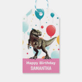 Dinosaurus roze partij ballonnen cadeaulabel (Achterkant)