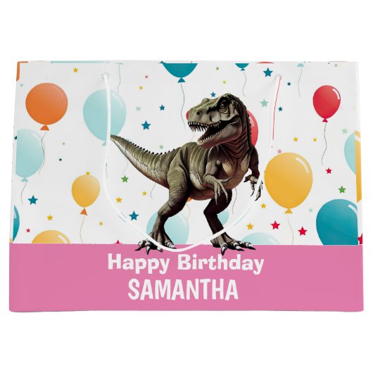 Dinosaurus roze partij ballonnen groot cadeauzakje (Voorkant)