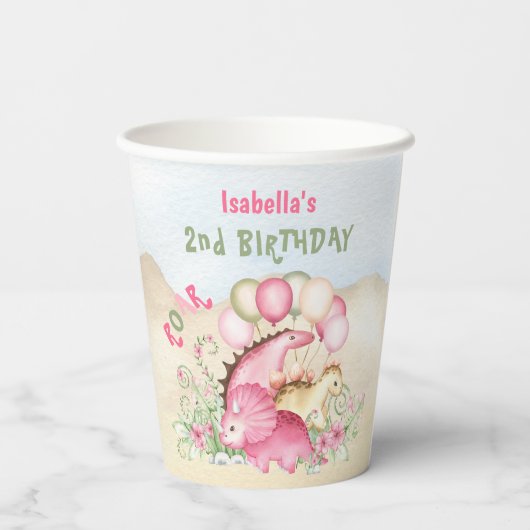 Dinosaurus Roze Pastel Schattige Bloemen Meisje Ve Papieren Bekers (Achterkant)