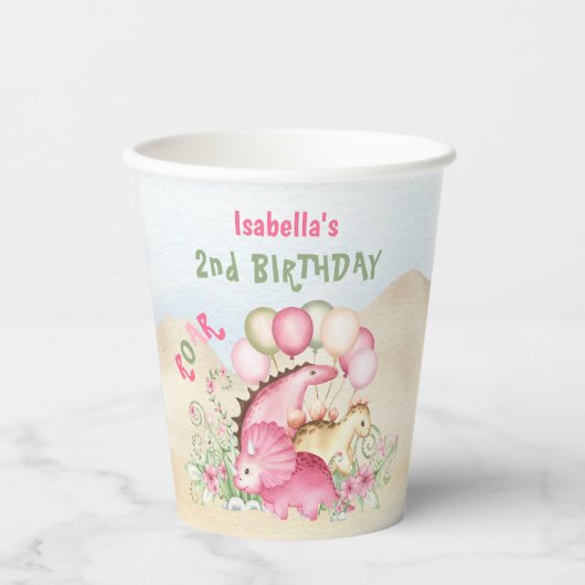 Dinosaurus Roze Pastel Schattige Bloemen Meisje Ve Papieren Bekers (Voorkant)