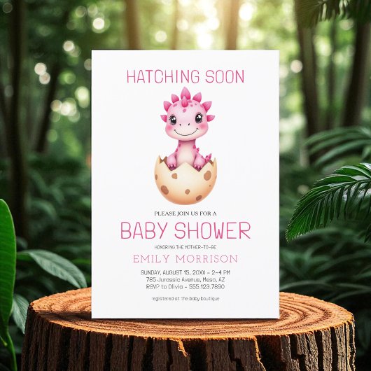 Dinosaurus Roze Waterverf Hatching Soon Baby showe Kaart