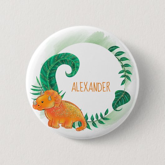 Dinosaurus Schattige Bright | Oranje Triceratops Ronde Button 5,7 Cm (Voorkant)