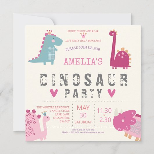 Dinosaurus schattige moderne roze verjaardagsfeest kaart (Voorkant)