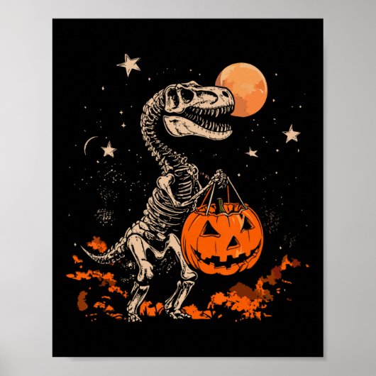 Dinosaurus Skelet Enge Pompoen Maan Halloween Boy Poster (Voorkant)